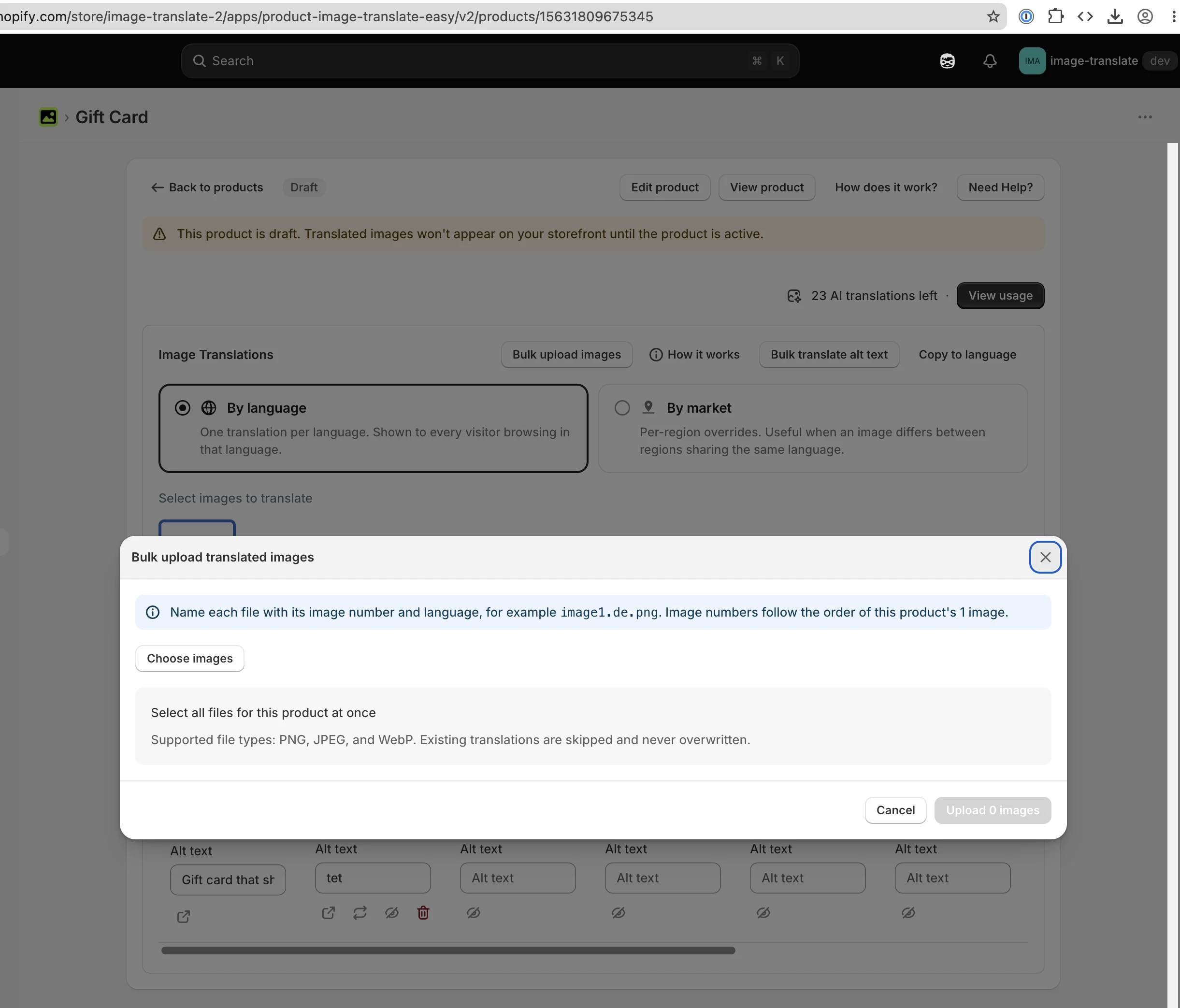 Image Translate Easy product page showing the Bulk upload translated images dialog and filename instructions