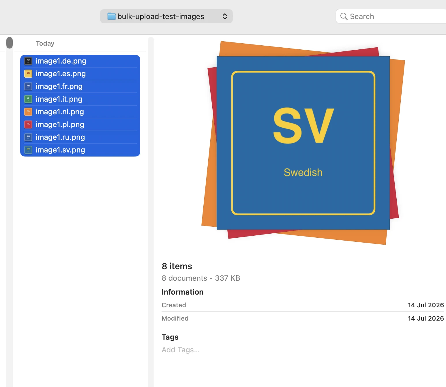 Finder window with eight files named image1.de.png through image1.sv.png selected for Shopify bulk image upload
