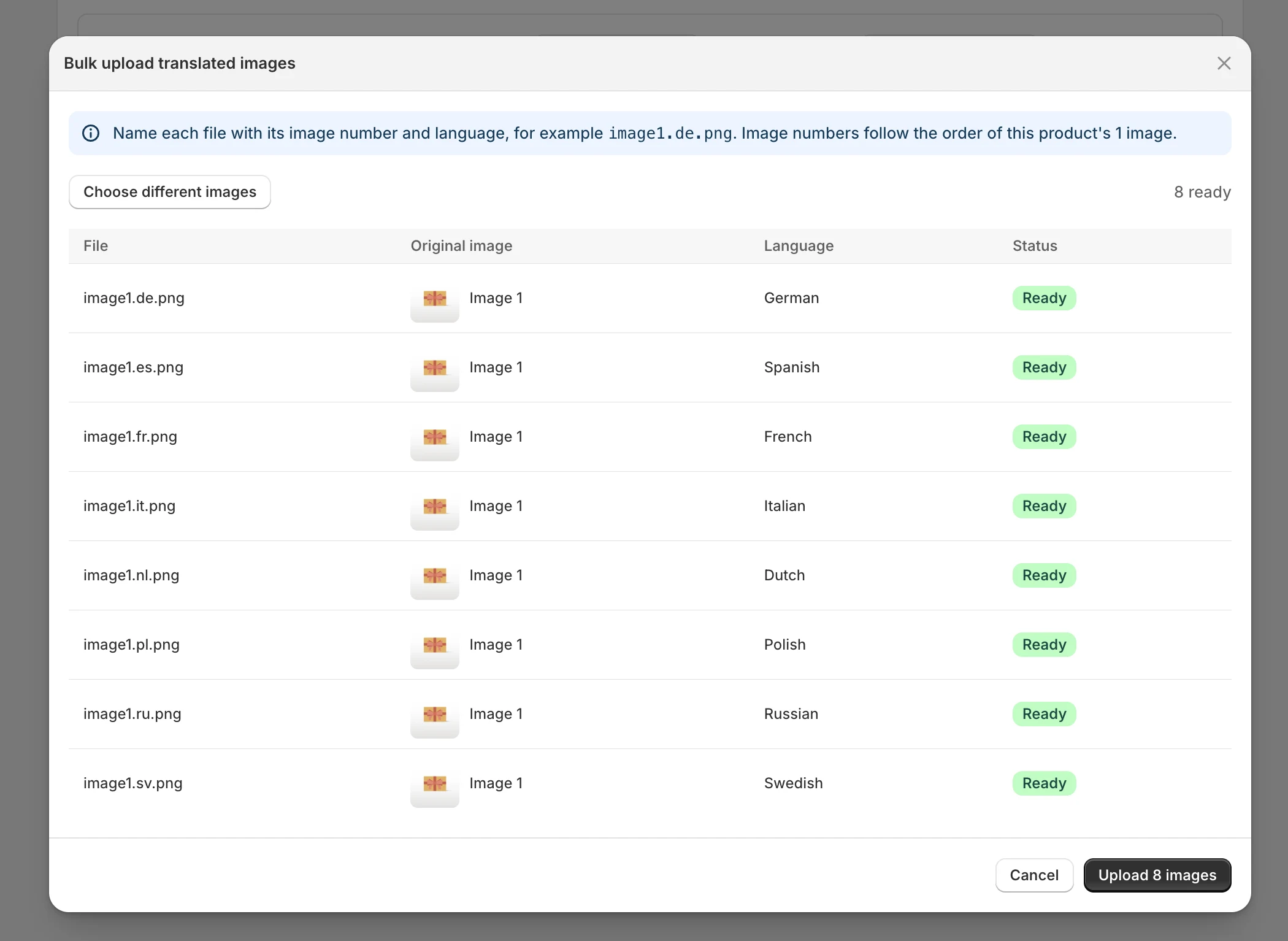 Bulk upload review table matching eight translated image files to Image 1 and their Shopify languages with Ready statuses