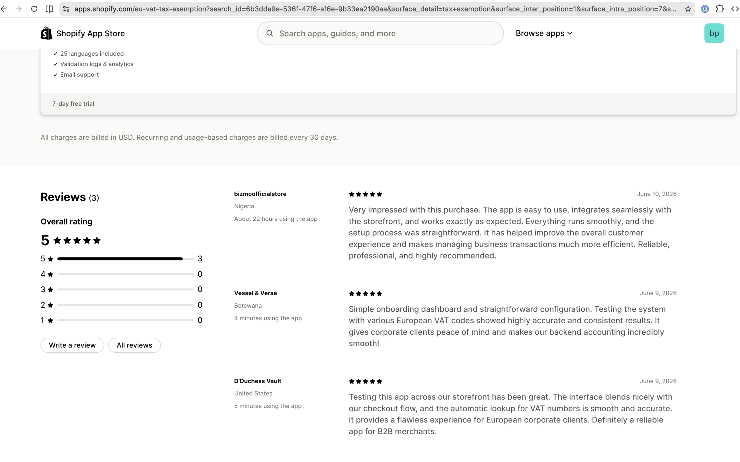 Shopify App Store reviews for Dragon Apps EU VAT Tax Exemption showing short usage periods