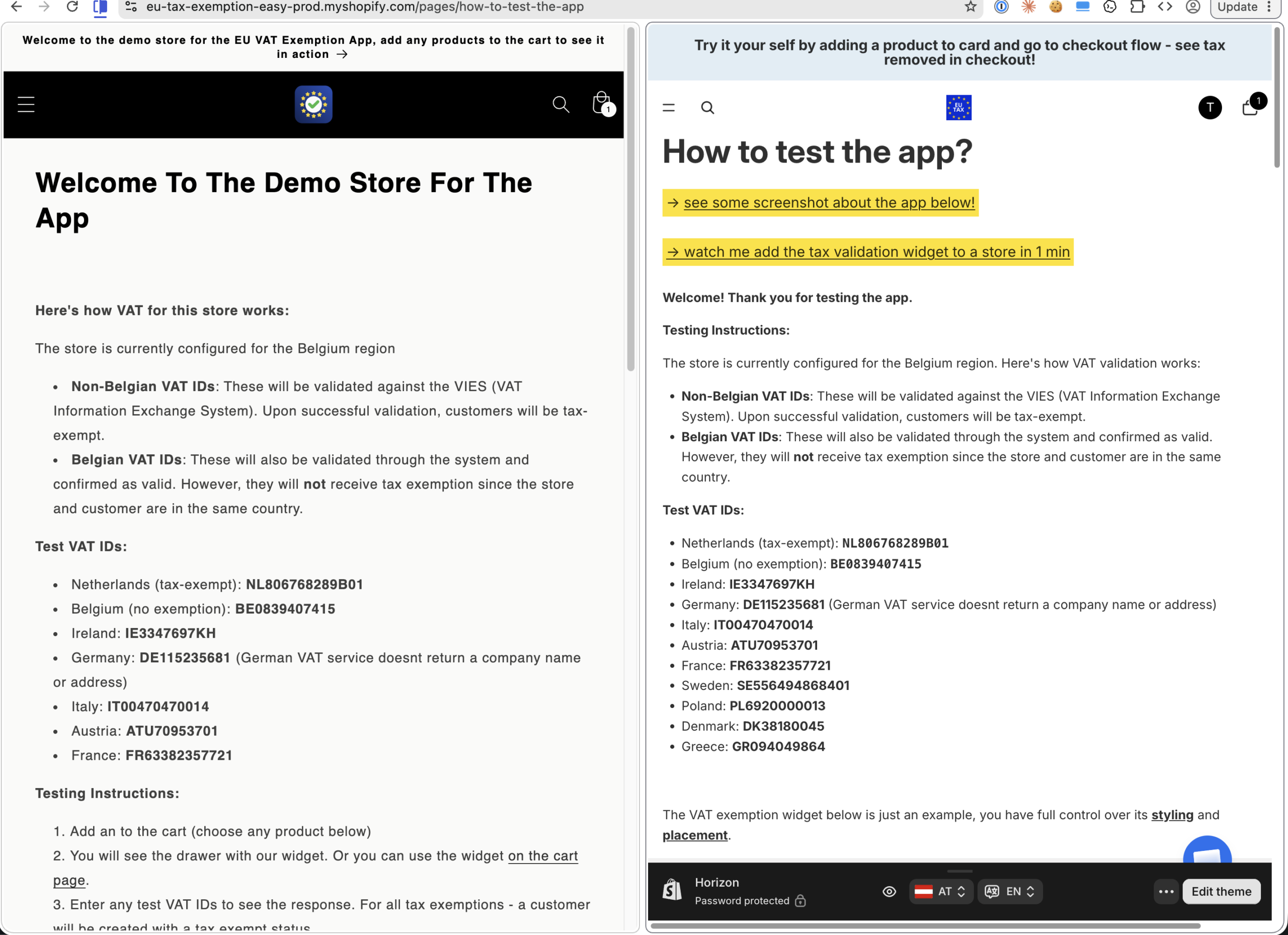 Side-by-side comparison of the Dragon Apps and New craft VAT exemption demo store content