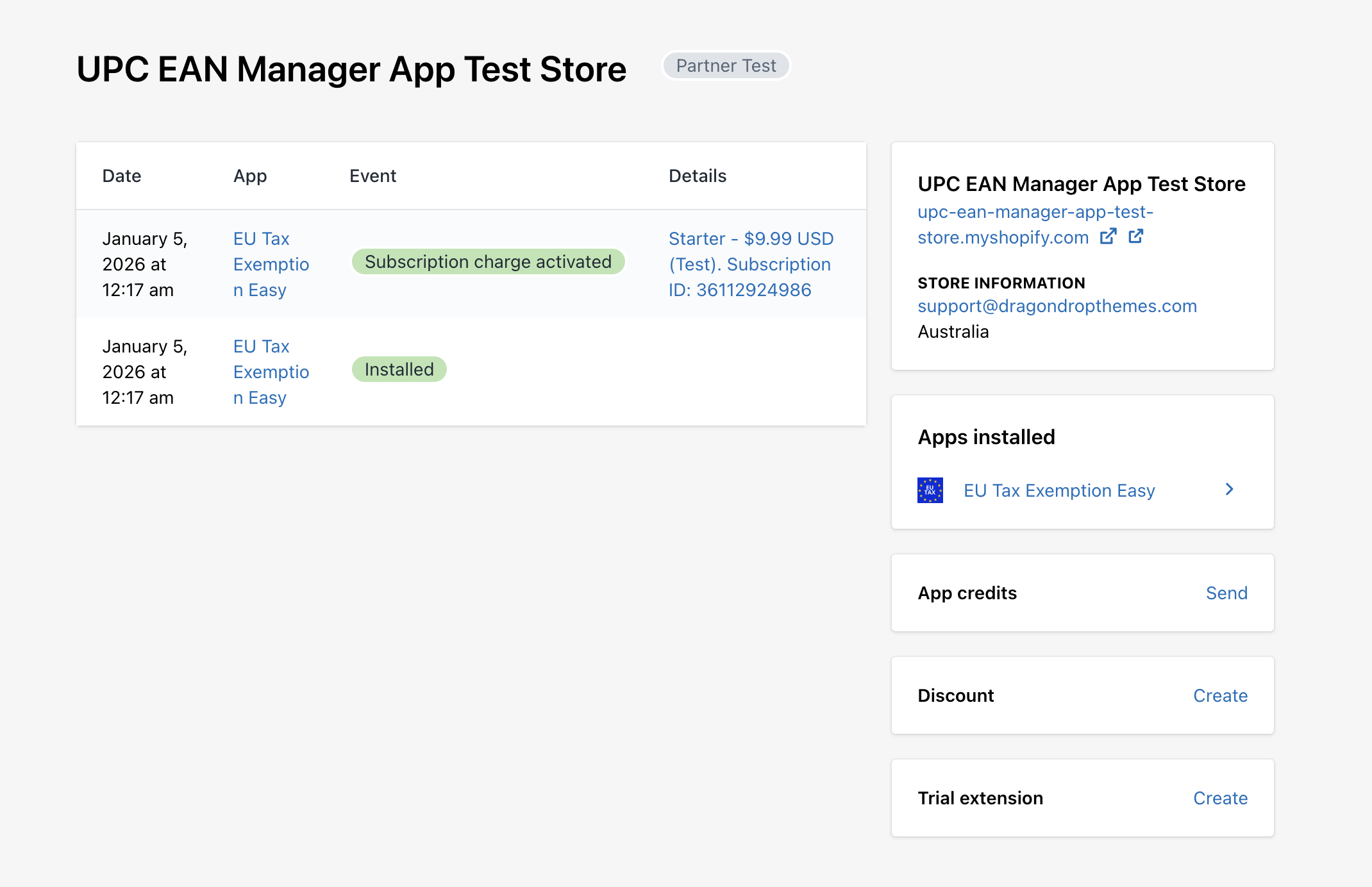 Partner dashboard showing the DragonDropThemes test store installed EU Tax Exemption Easy on January 5, 2026