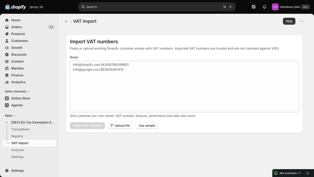 VAT import screen in EU Tax Exemption Easy for existing Shopify customers
