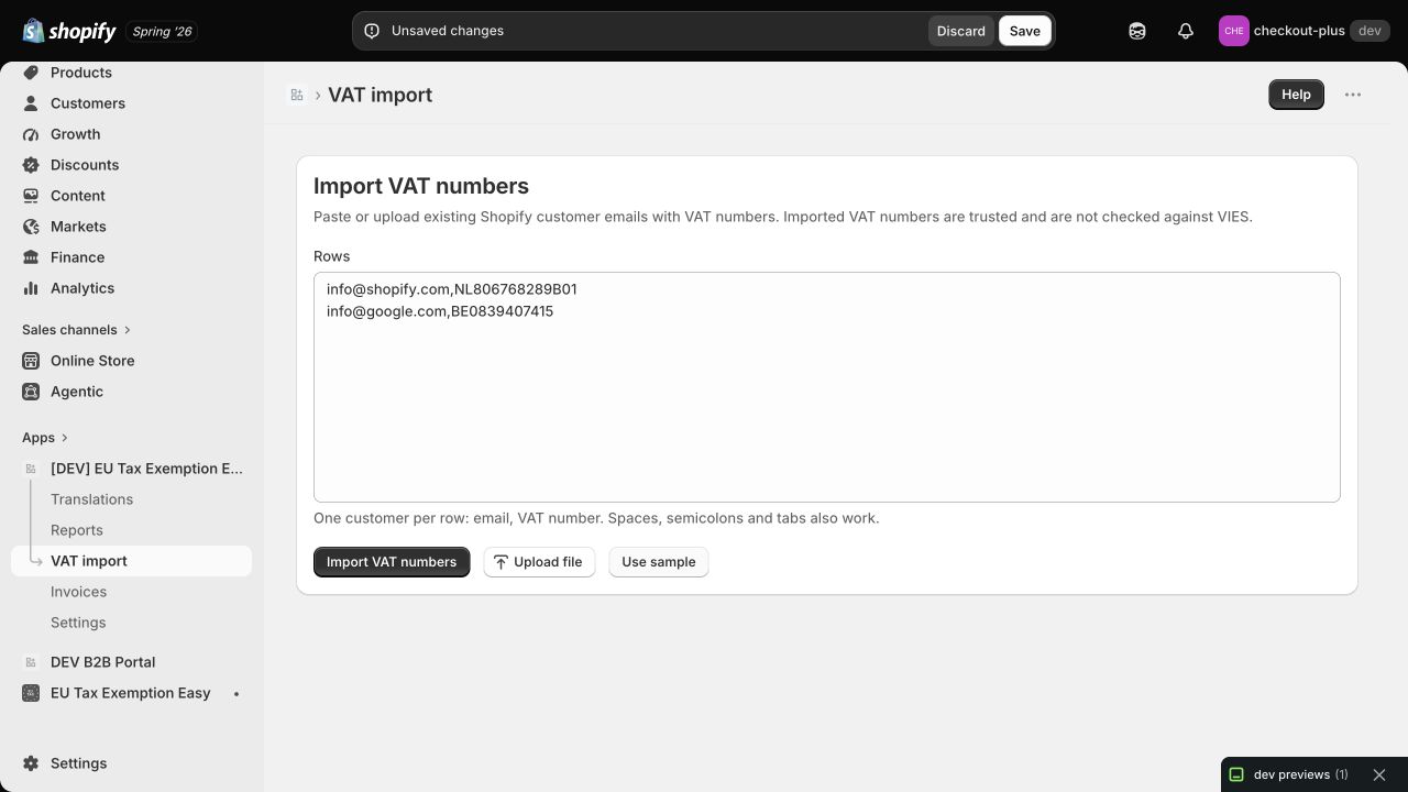 Example VAT number import rows with the Shopify contextual Save Bar